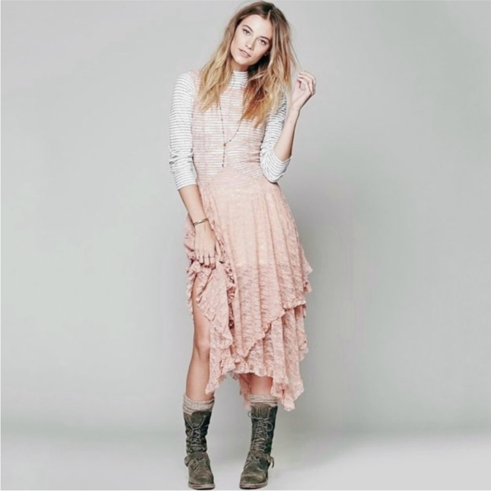 Free People French Courtship Lace Slip Dress Blush Peachy Pink XS